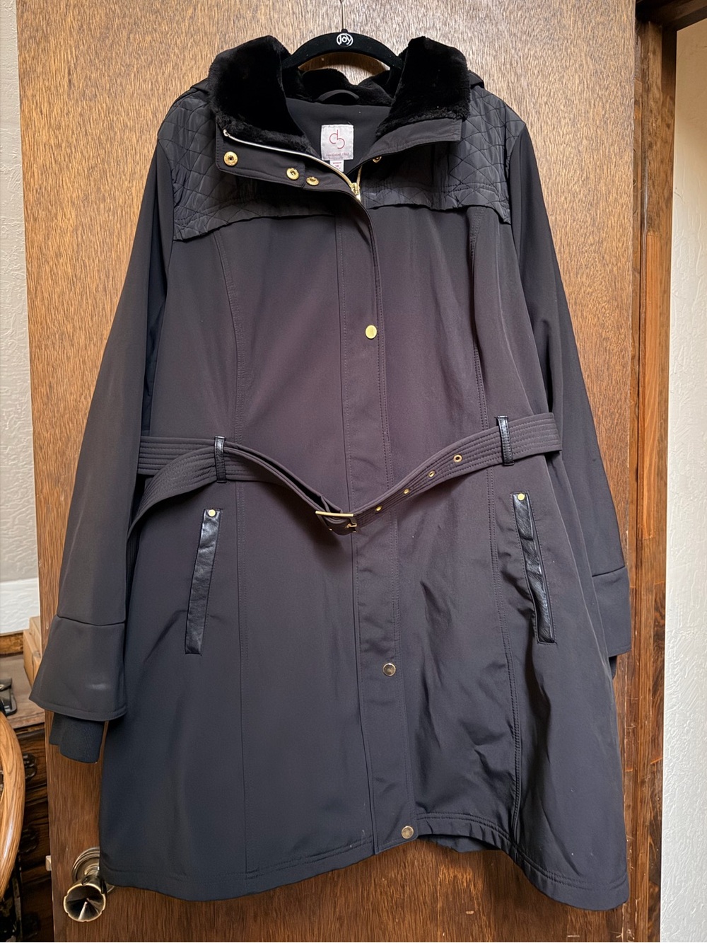 Dress Barn Black Women's Quilted Faux Fur Trim Belted Coat